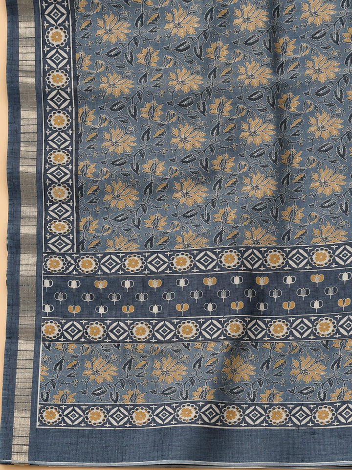 Grey Tussar Printed Unstitched Dress Material