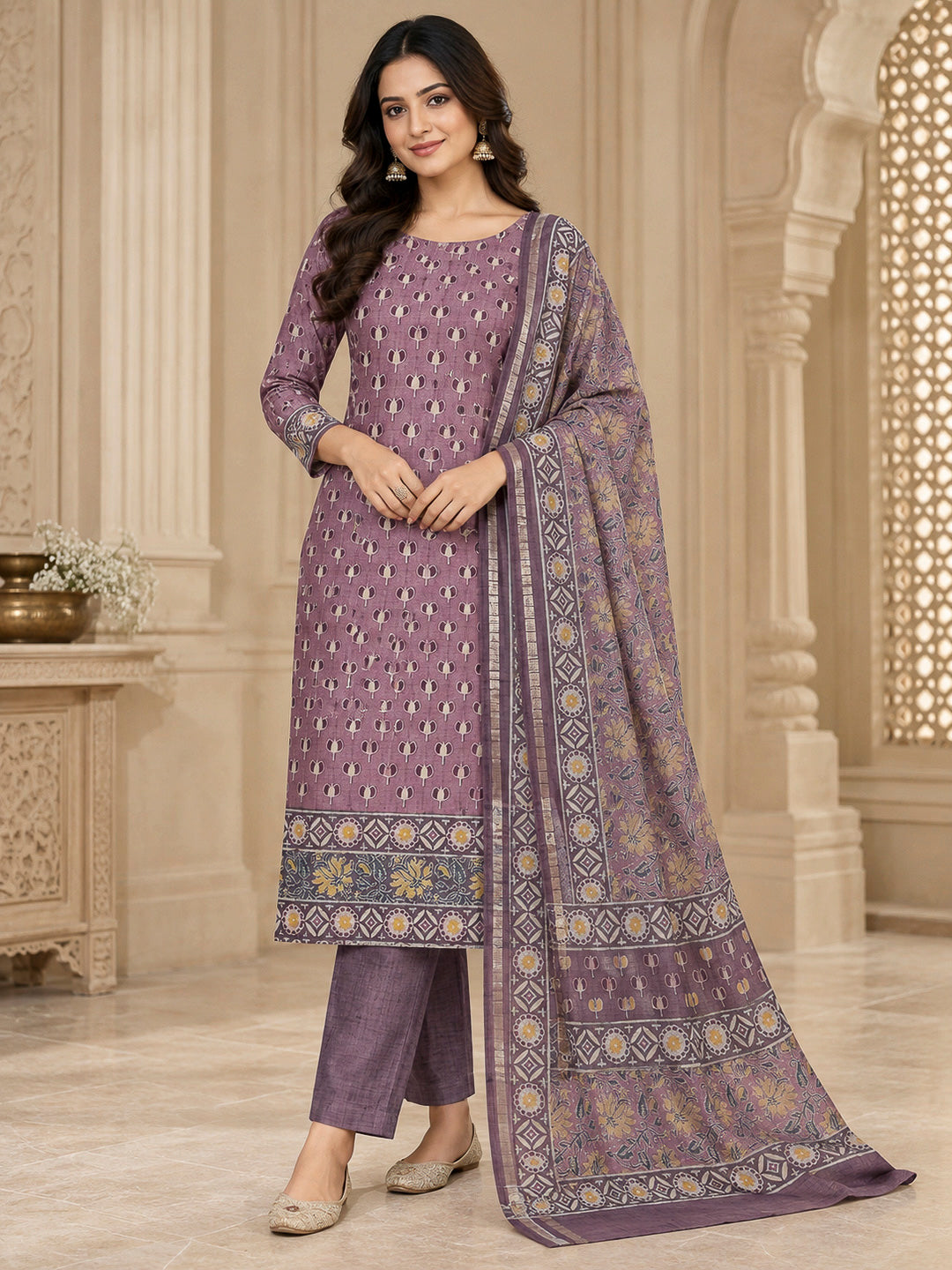 Onion Pink Tussar Printed Unstitched Dress Material