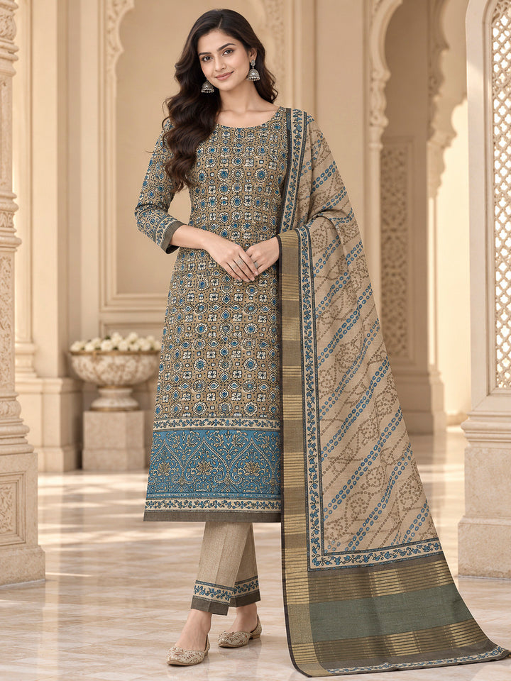 Beige Tussar Printed Unstitched Dress Material