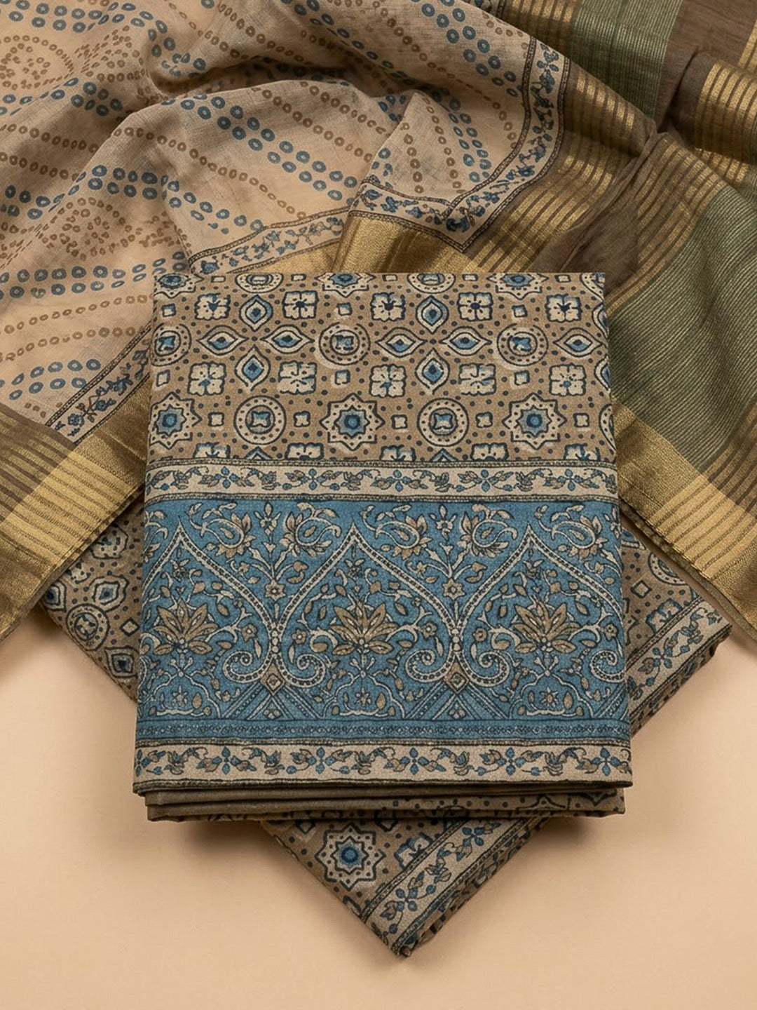 Beige Tussar Printed Unstitched Dress Material