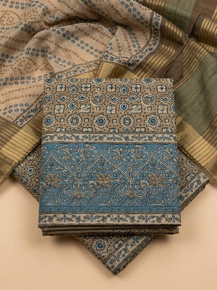 Beige Tussar Printed Unstitched Dress Material