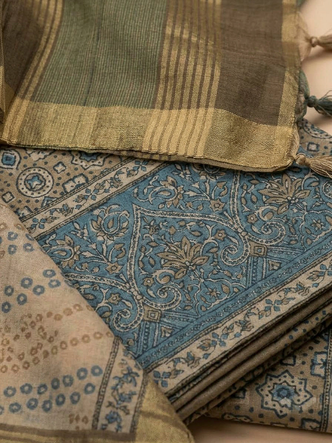 Beige Tussar Printed Unstitched Dress Material