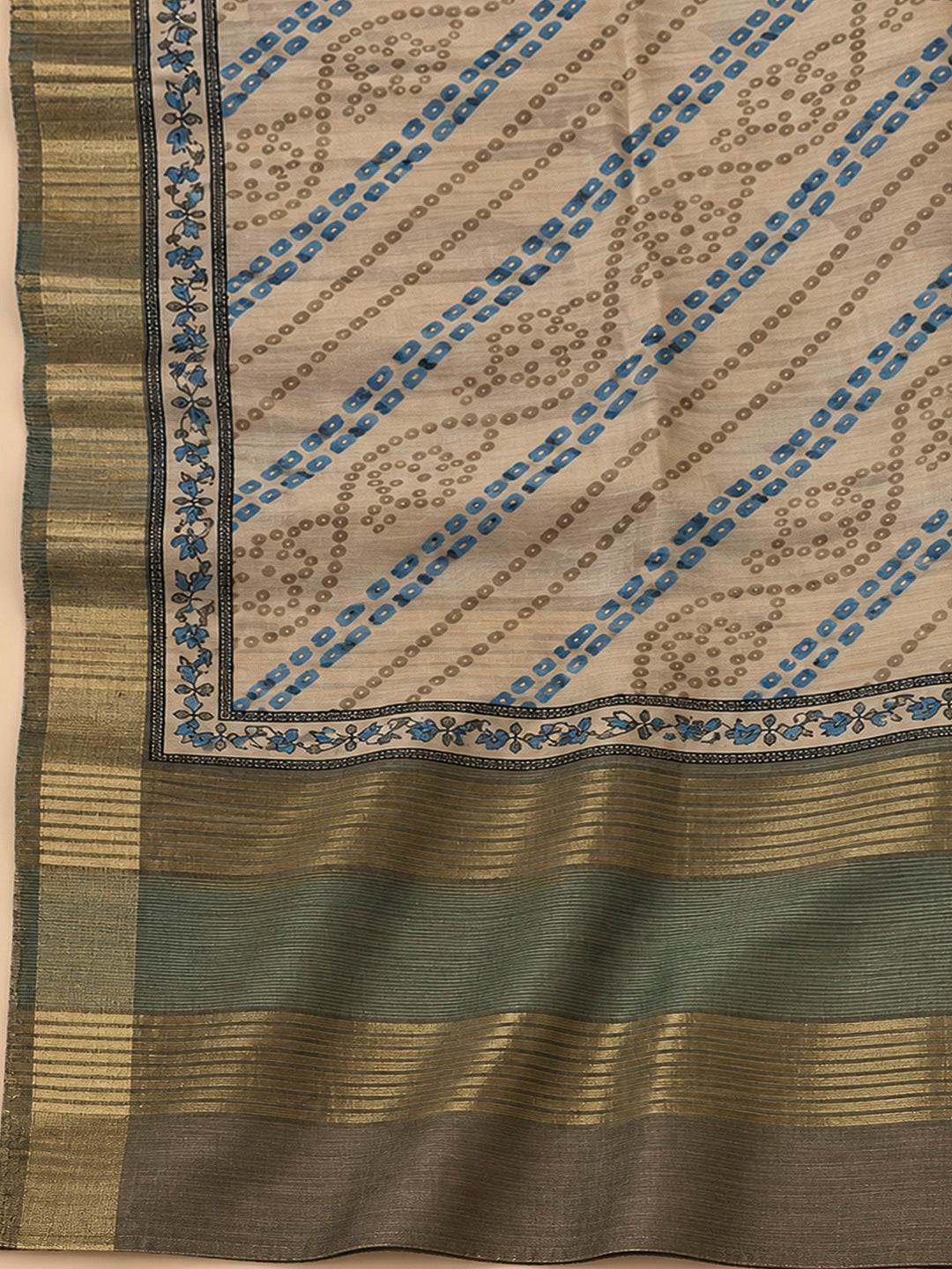 Beige Tussar Printed Unstitched Dress Material