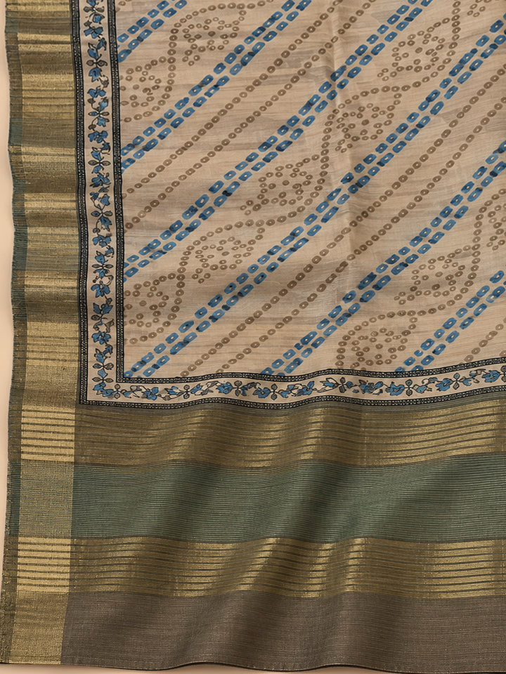 Beige Tussar Printed Unstitched Dress Material