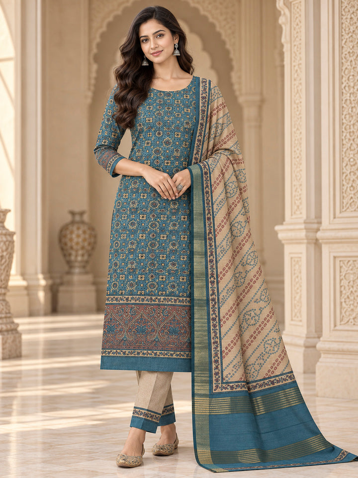 Blue Tussar Printed Unstitched Dress Material