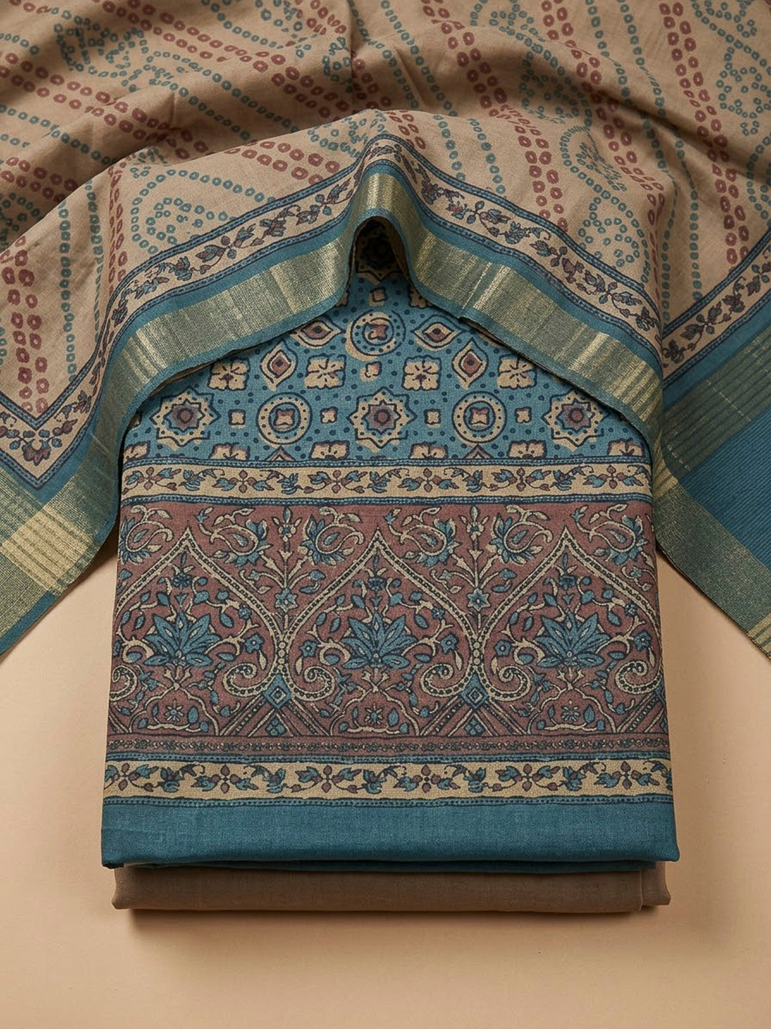 Blue Tussar Printed Unstitched Dress Material