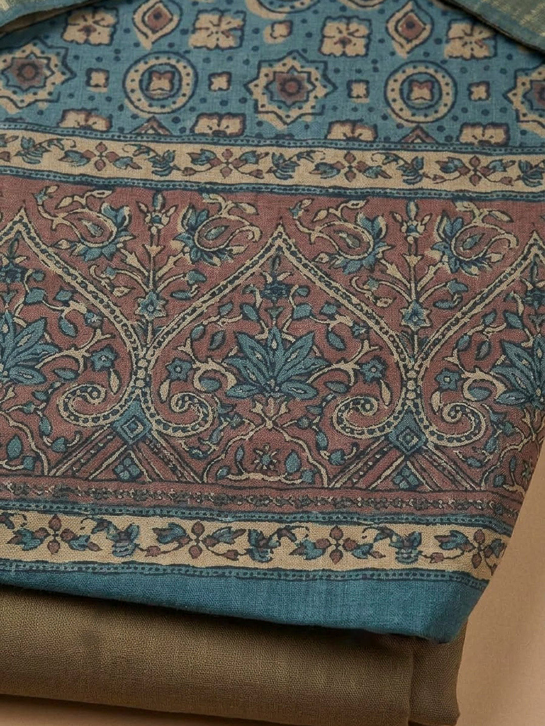 Blue Tussar Printed Unstitched Dress Material