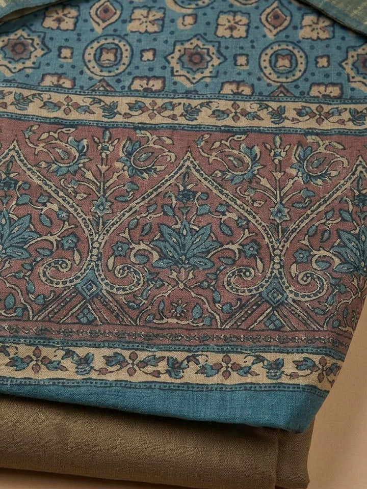 Blue Tussar Printed Unstitched Dress Material