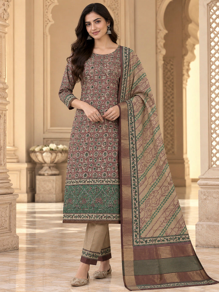 Peach Tussar Printed Unstitched Dress Material