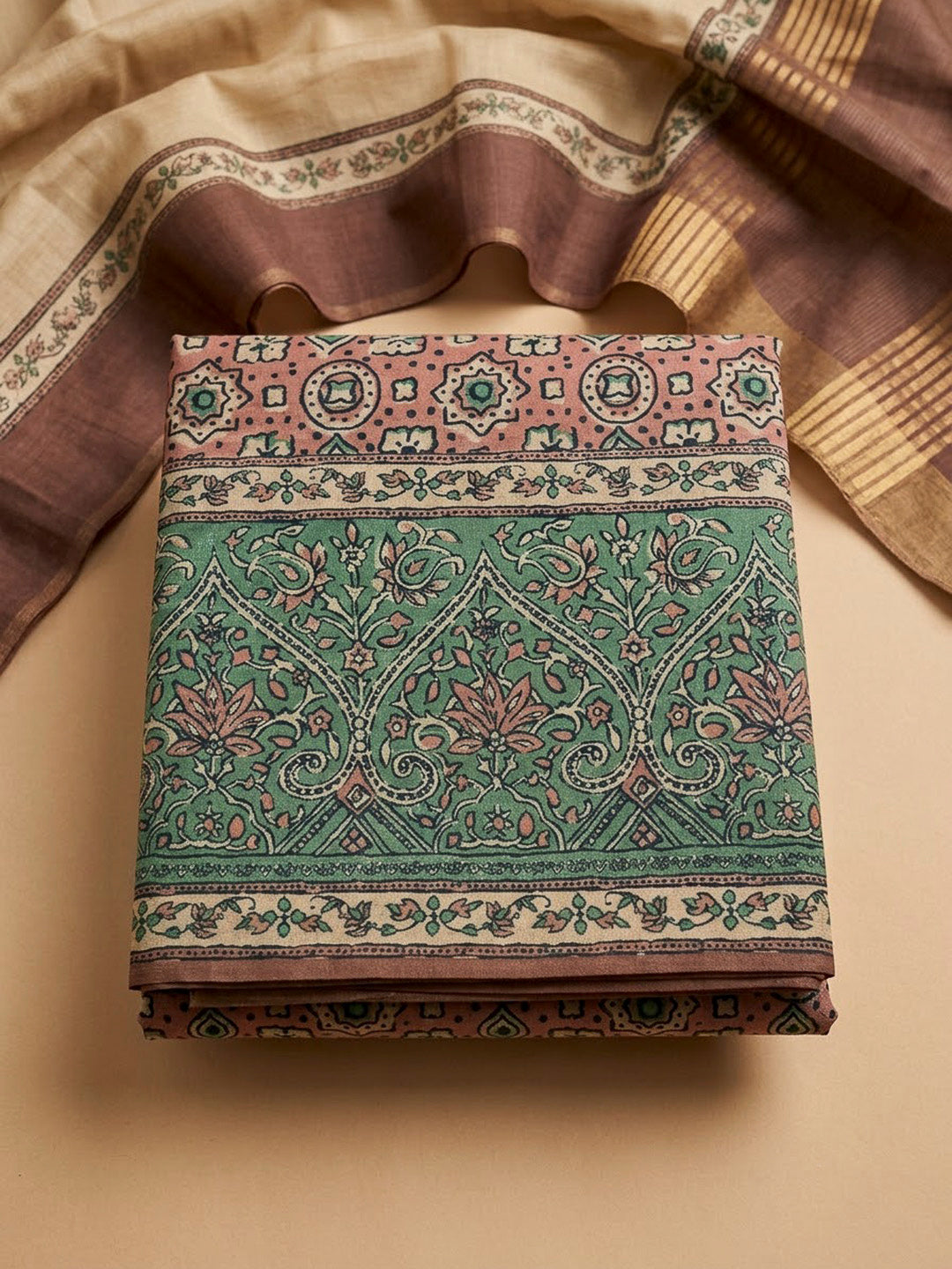 Peach Tussar Printed Unstitched Dress Material