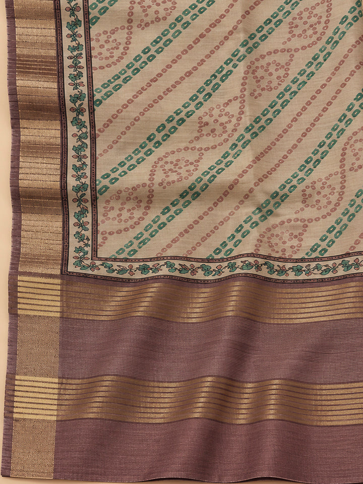 Peach Tussar Printed Unstitched Dress Material
