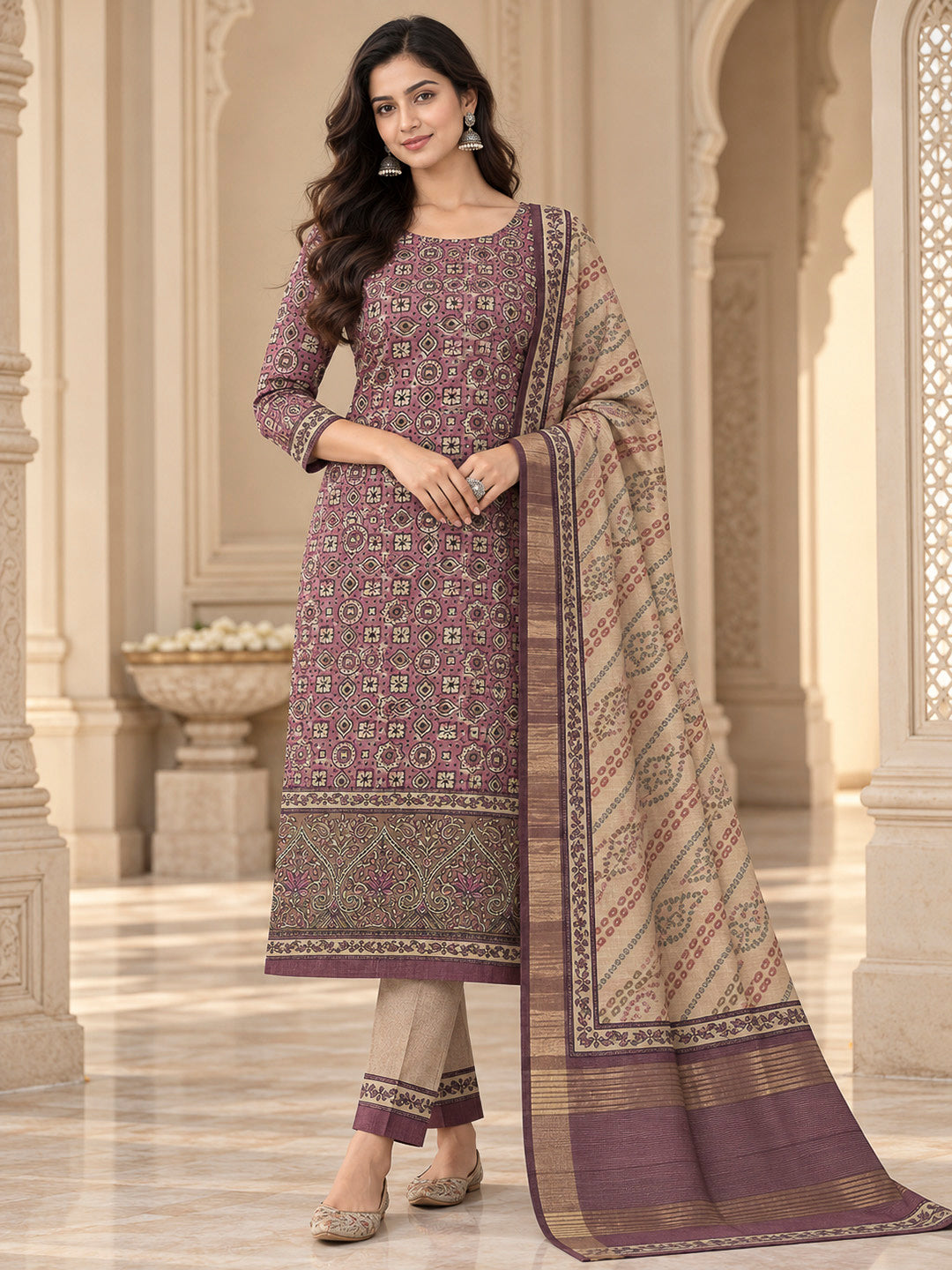 Purple Tussar Printed Unstitched Dress Material