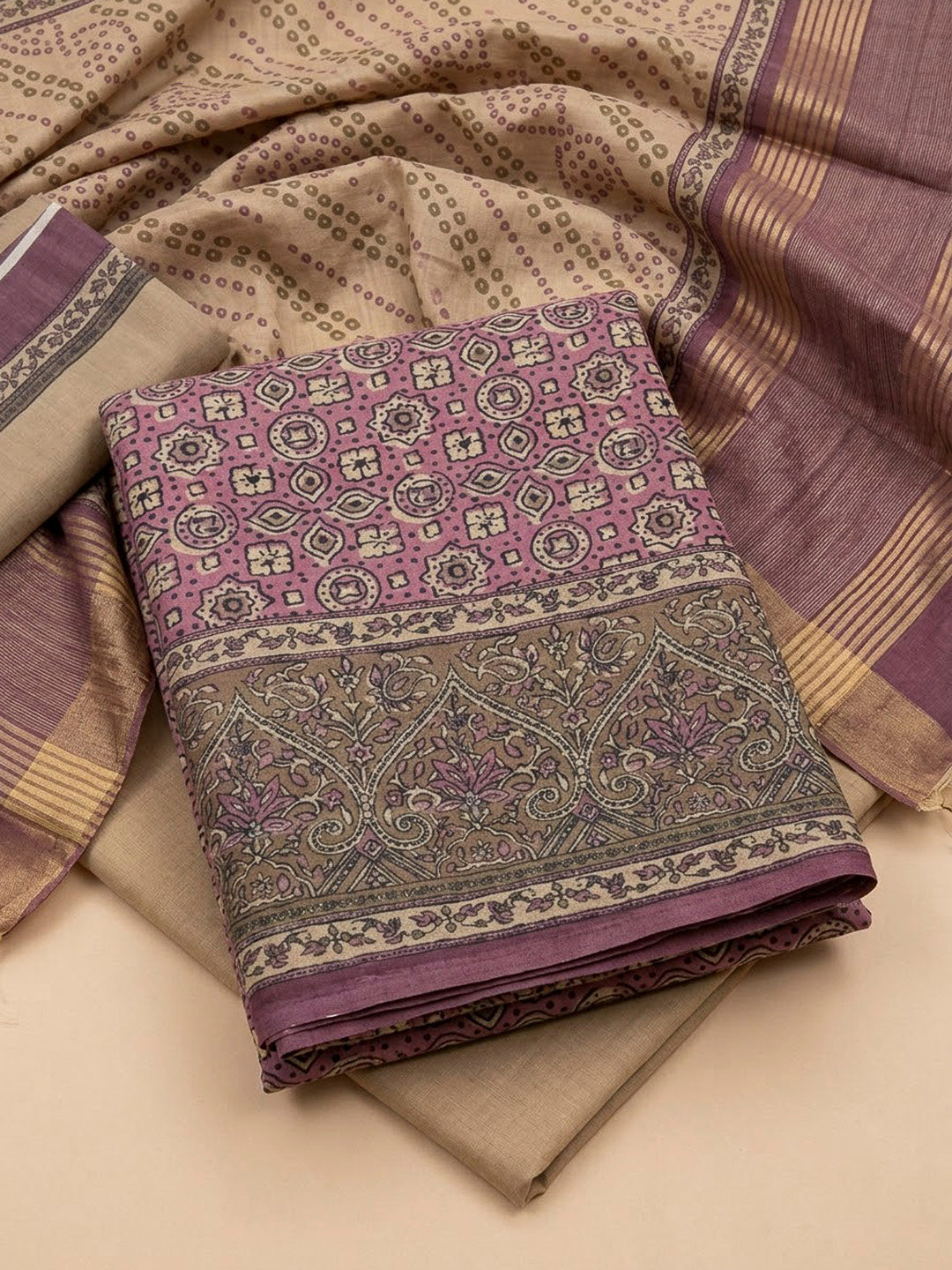 Purple Tussar Printed Unstitched Dress Material