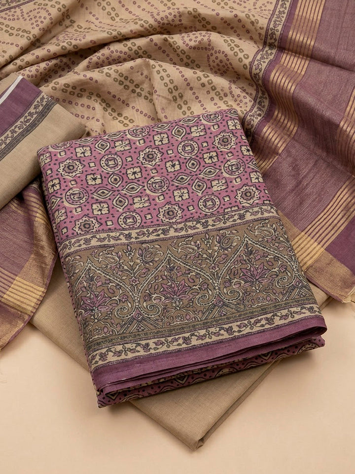Purple Tussar Printed Unstitched Dress Material