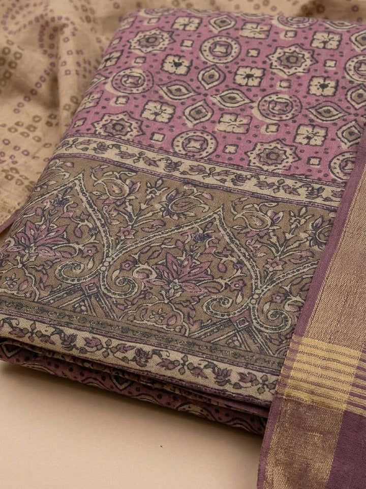 Purple Tussar Printed Unstitched Dress Material