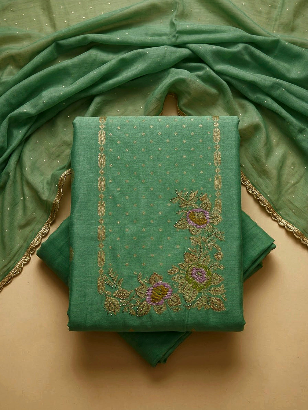 Green Cotton Blend Embroidered Unstitched Dress Material