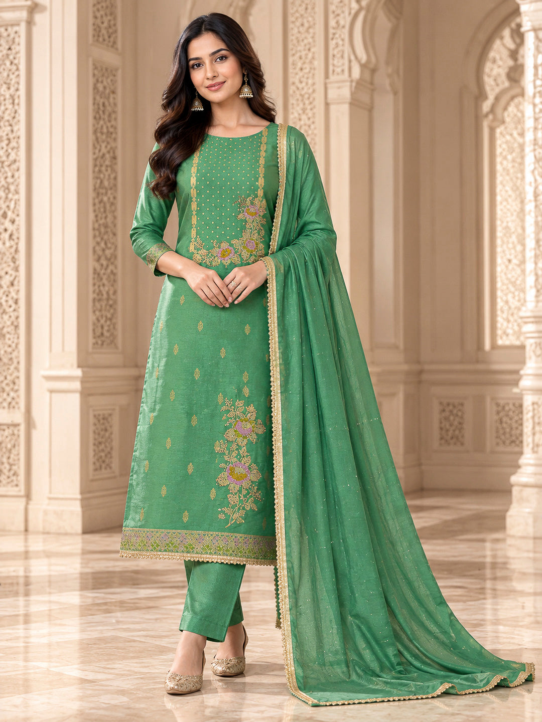 Green Cotton Blend Embroidered Unstitched Dress Material
