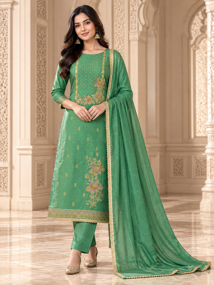 Green Cotton Blend Embroidered Unstitched Dress Material