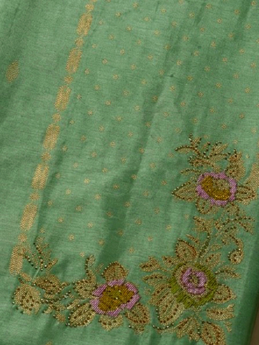 Green Cotton Blend Embroidered Unstitched Dress Material