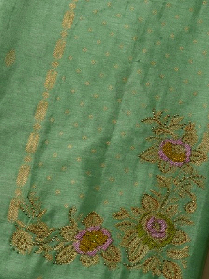 Green Cotton Blend Embroidered Unstitched Dress Material