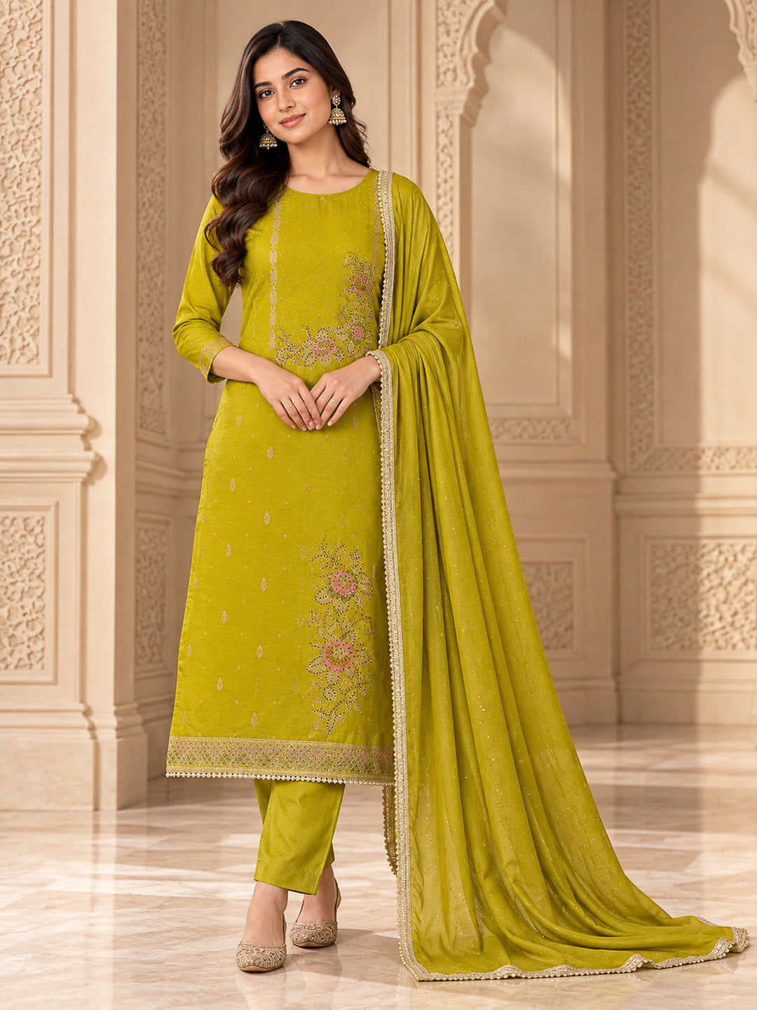 Lemon Cotton Blend Embroidered Unstitched Dress Material