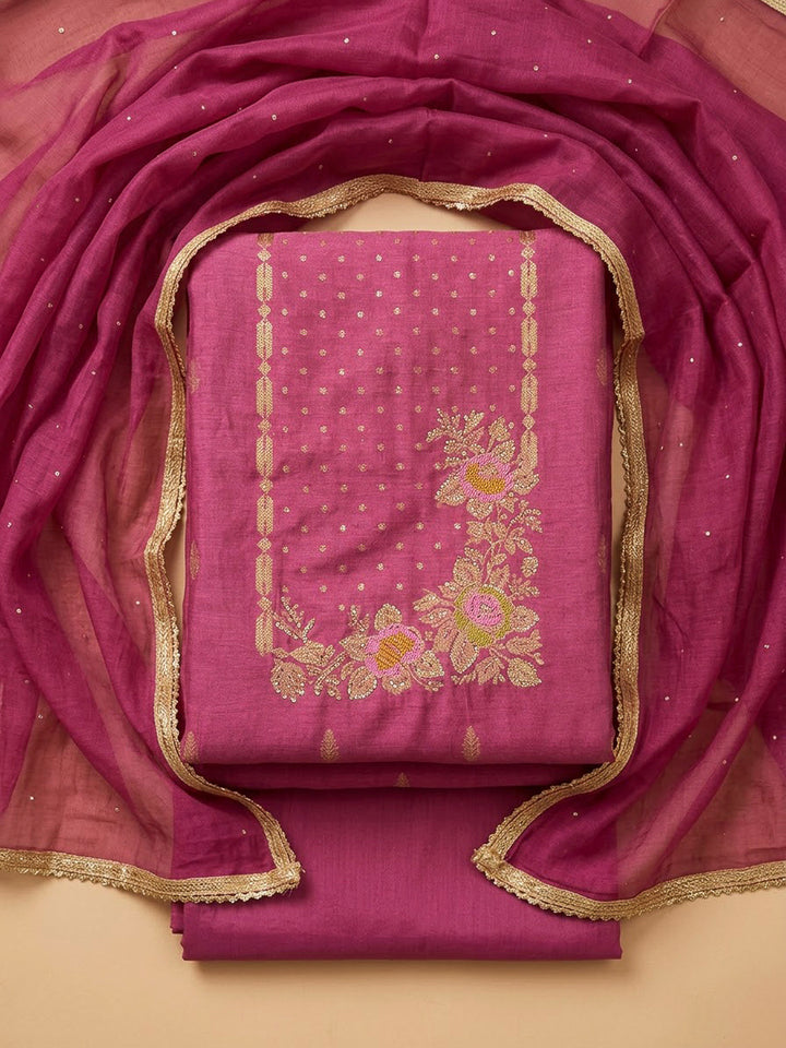 Onion Pink Cotton Blend Embroidered Unstitched Dress Material