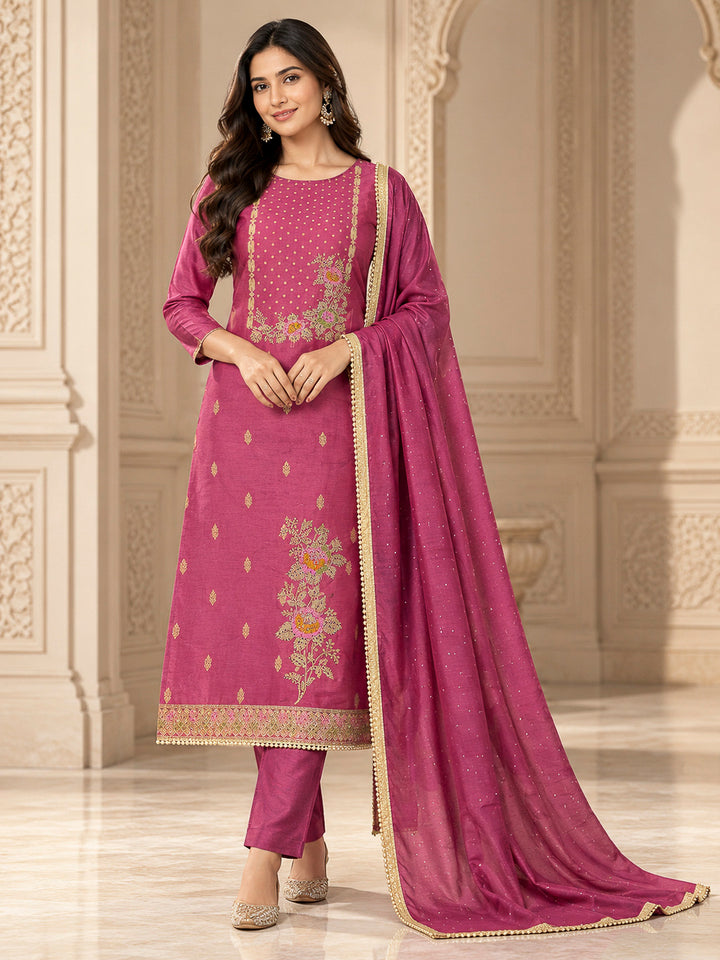 Onion Pink Cotton Blend Embroidered Unstitched Dress Material