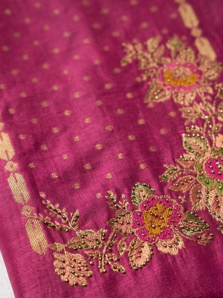 Onion Pink Cotton Blend Embroidered Unstitched Dress Material