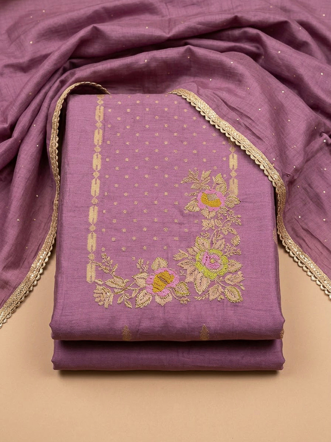 Purple Cotton Blend Embroidered Unstitched Dress Material
