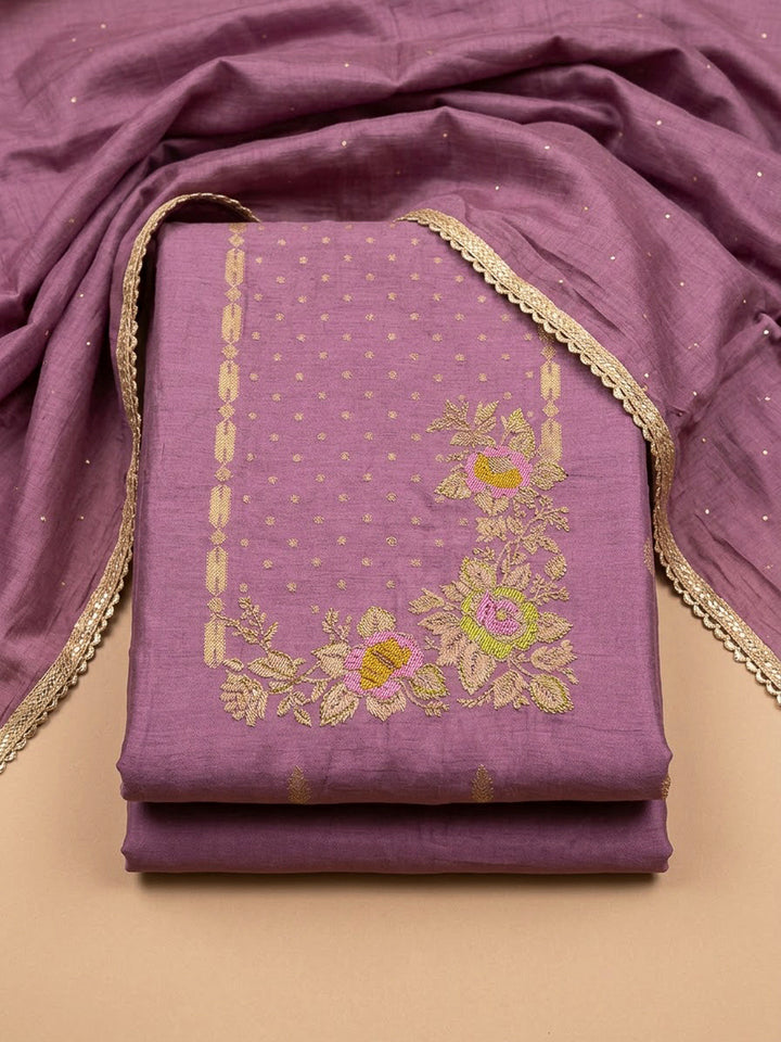 Purple Cotton Blend Embroidered Unstitched Dress Material