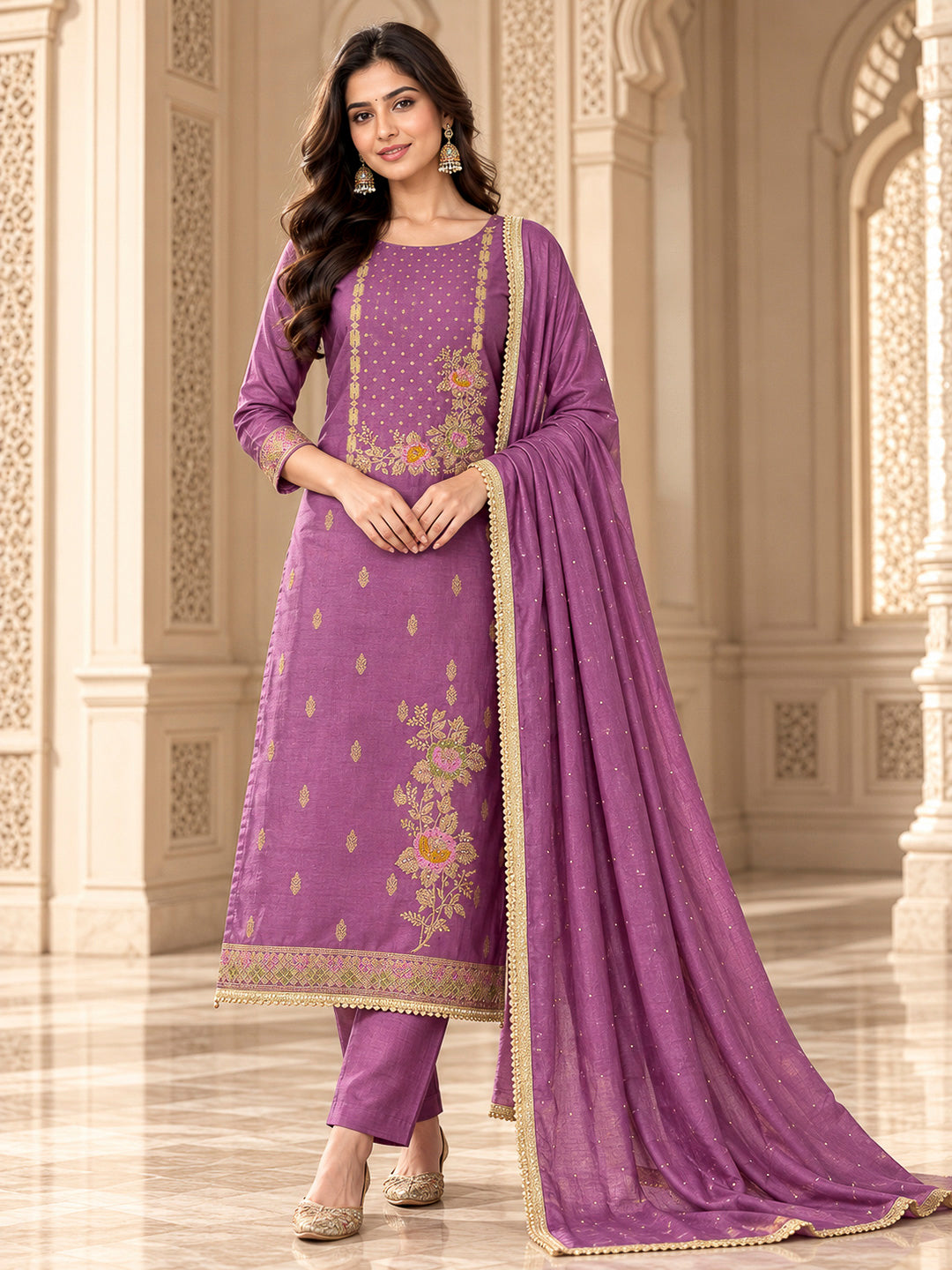 Purple Cotton Blend Embroidered Unstitched Dress Material