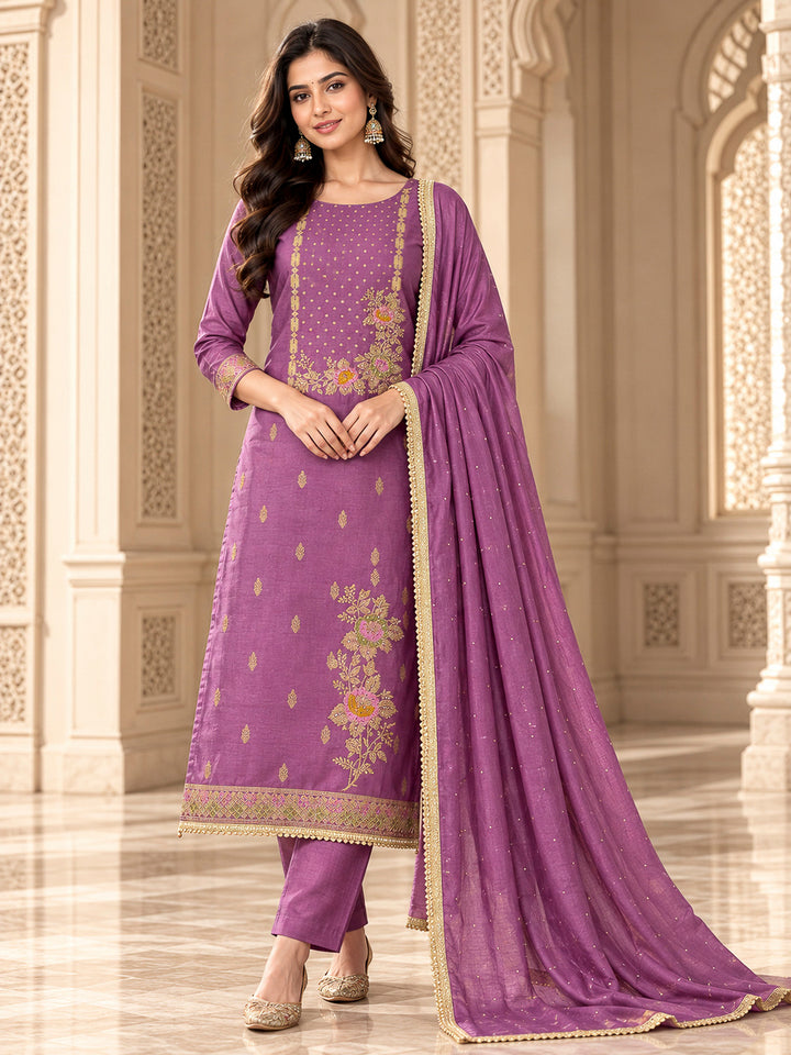 Purple Cotton Blend Embroidered Unstitched Dress Material