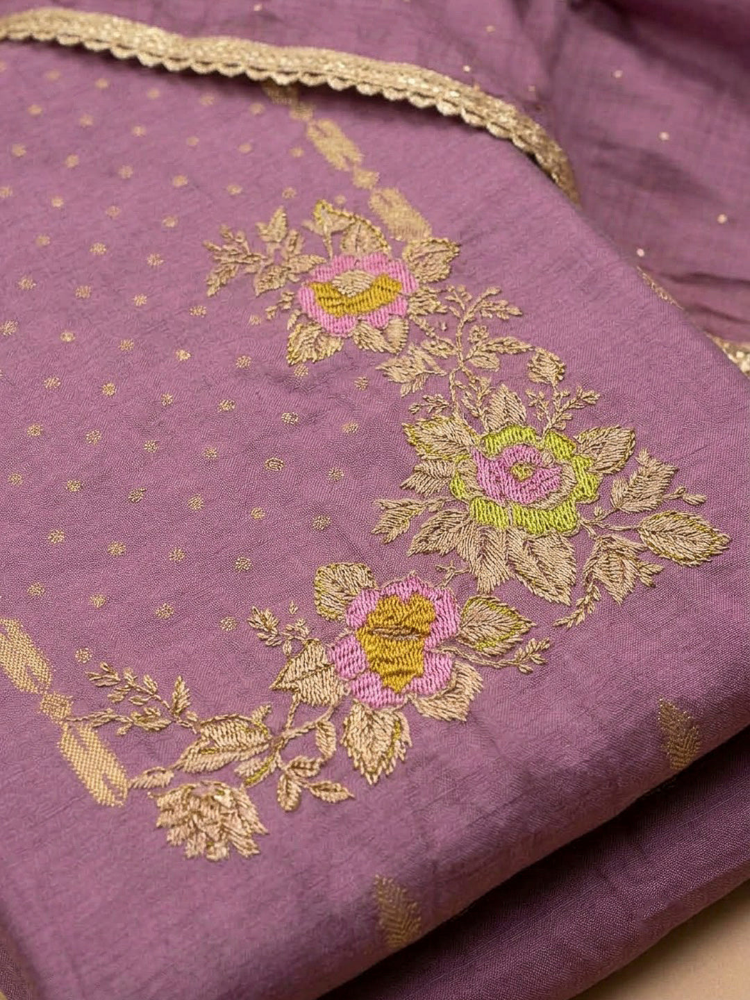 Purple Cotton Blend Embroidered Unstitched Dress Material
