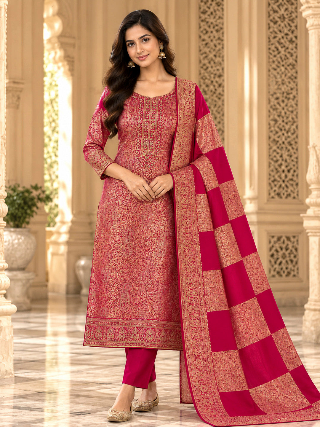 Hot Pink Cotton Blend Embroidered Unstitched Dress Material