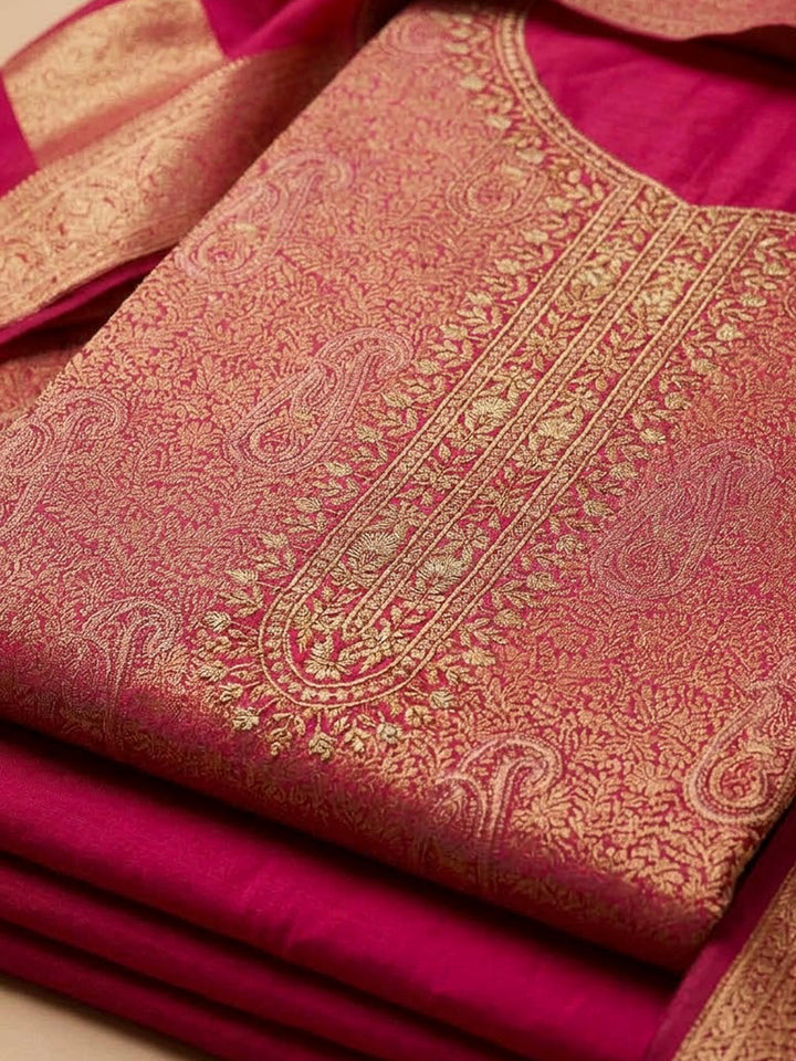 Hot Pink Cotton Blend Embroidered Unstitched Dress Material