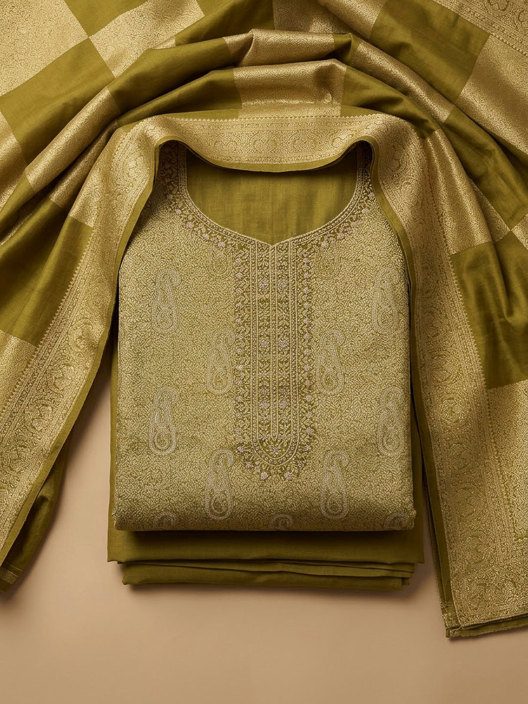 Mehndi Cotton Blend Embroidered Unstitched Dress Material