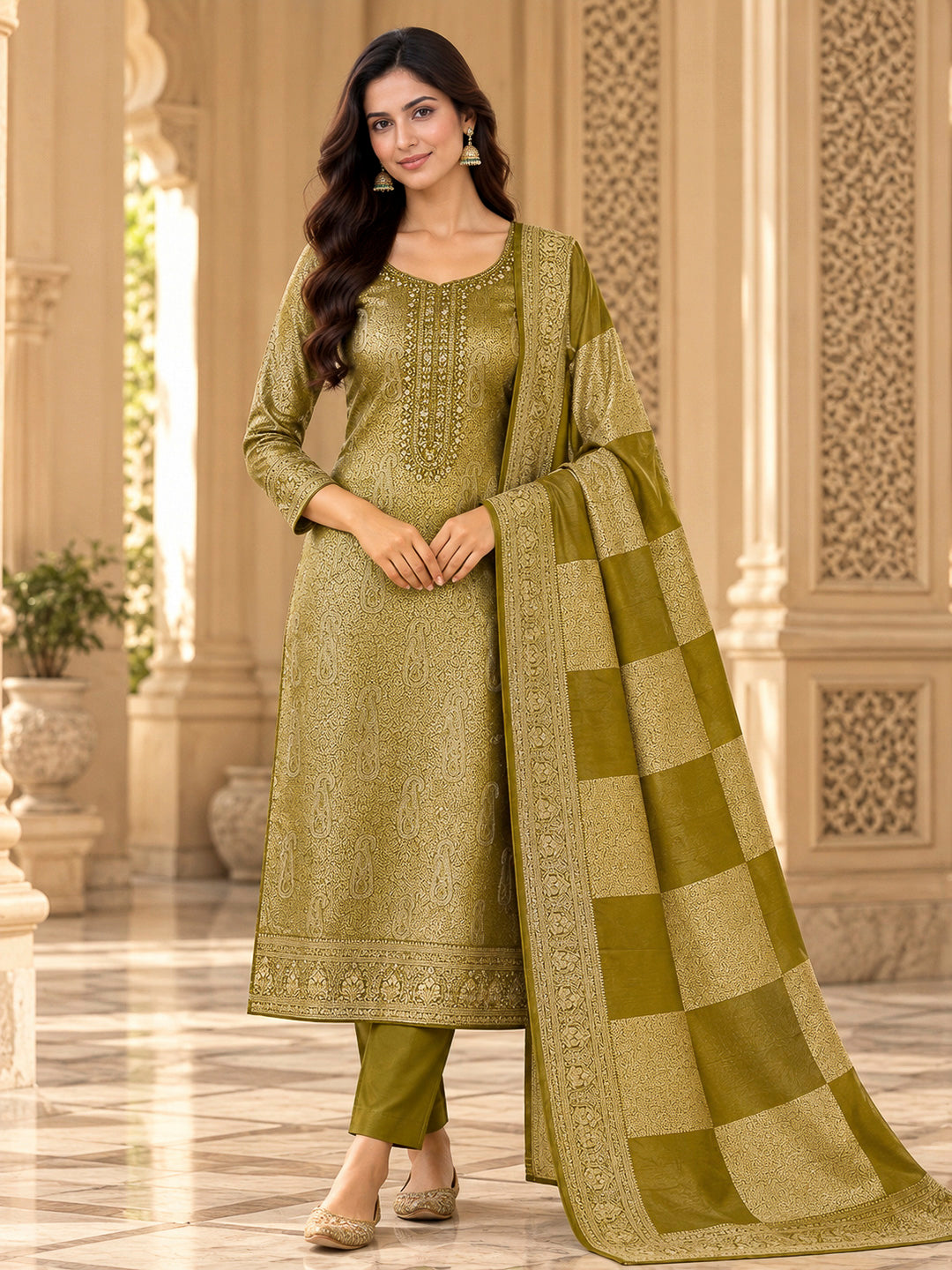 Mehndi Cotton Blend Embroidered Unstitched Dress Material
