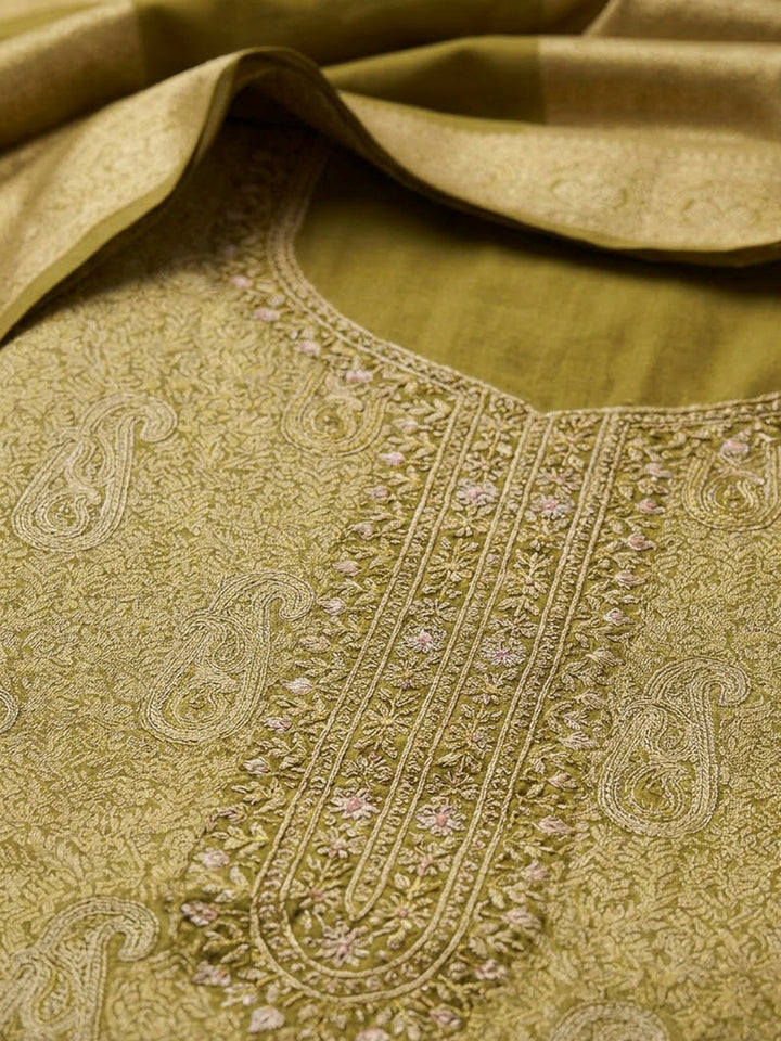 Mehndi Cotton Blend Embroidered Unstitched Dress Material