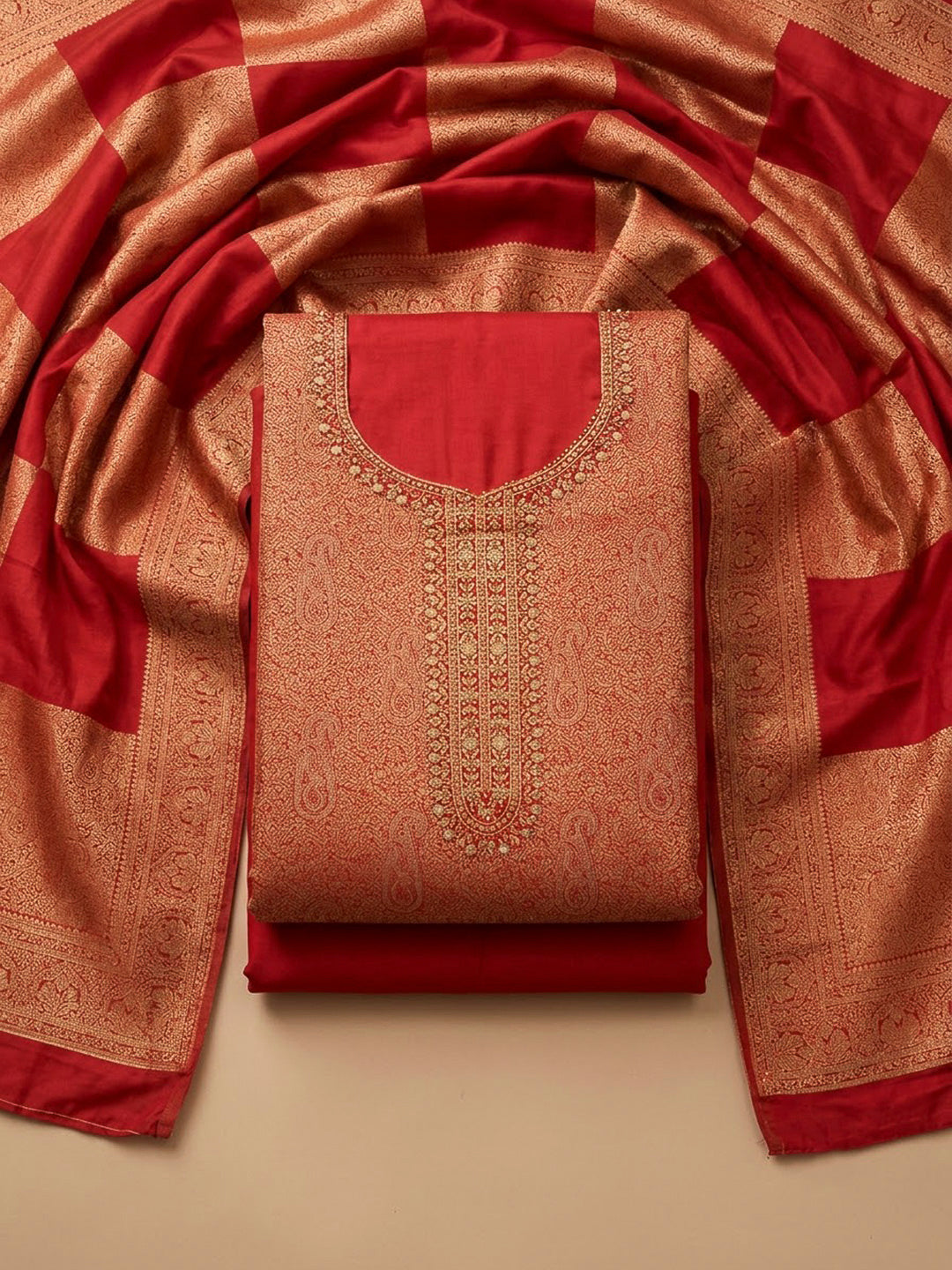 Red Cotton Blend Embroidered Unstitched Dress Material