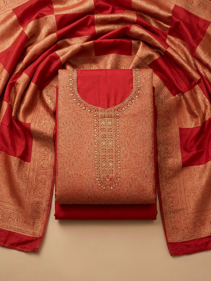 Red Cotton Blend Embroidered Unstitched Dress Material