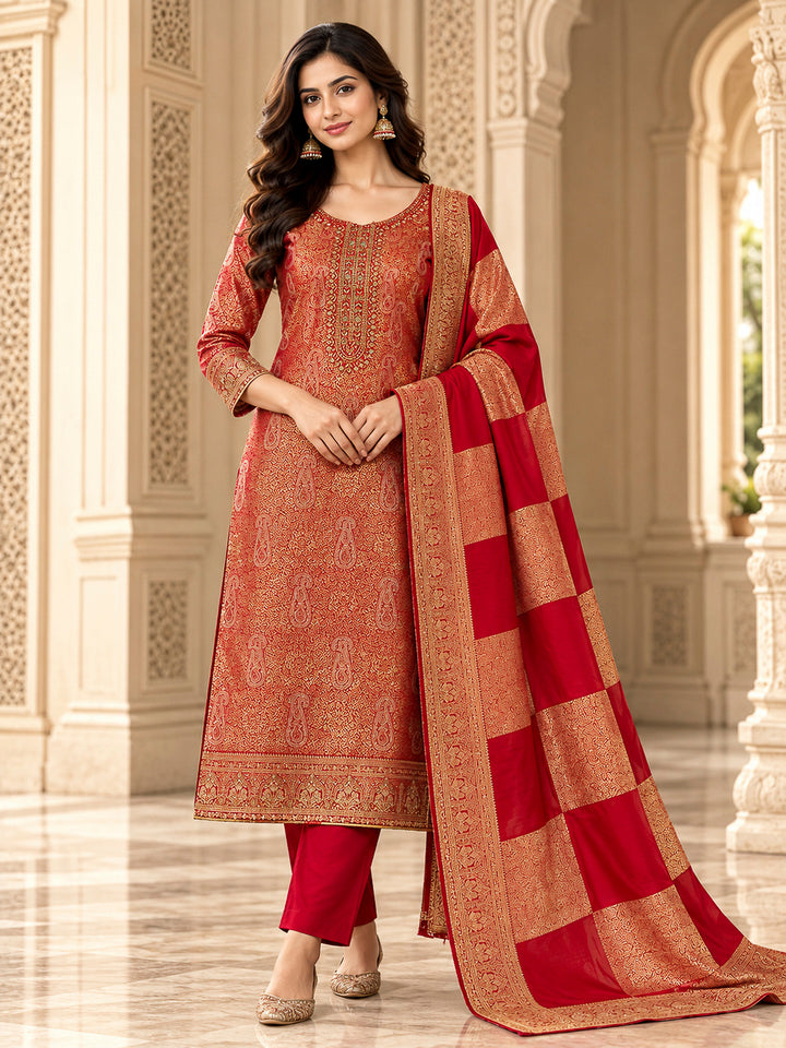 Red Cotton Blend Embroidered Unstitched Dress Material