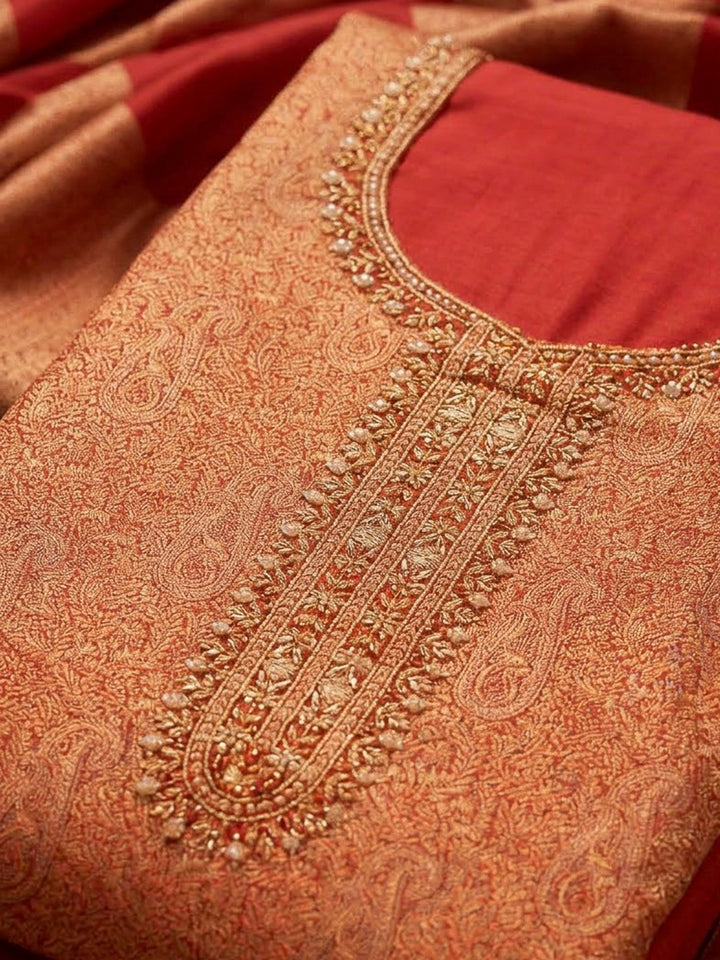Red Cotton Blend Embroidered Unstitched Dress Material