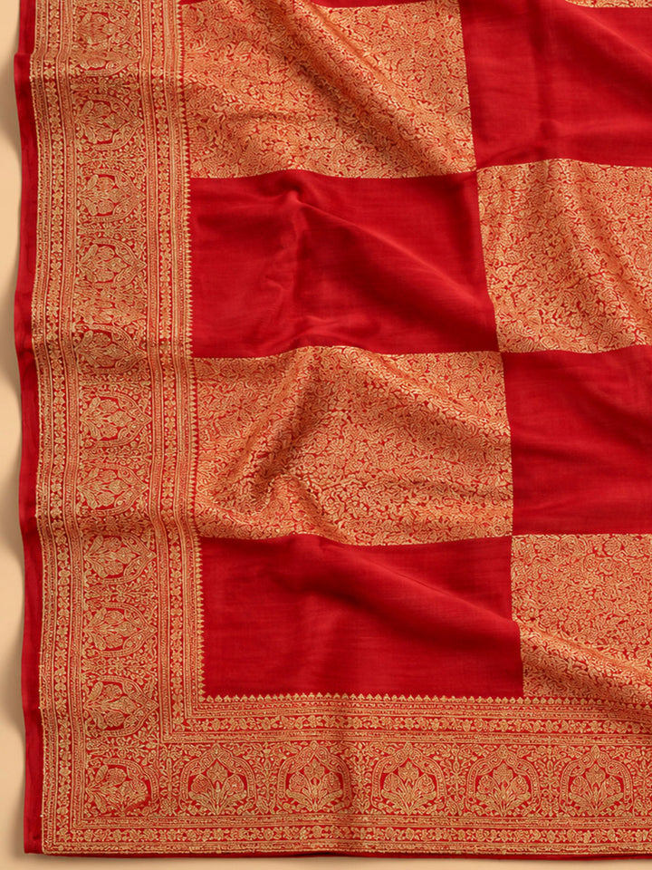Red Cotton Blend Embroidered Unstitched Dress Material
