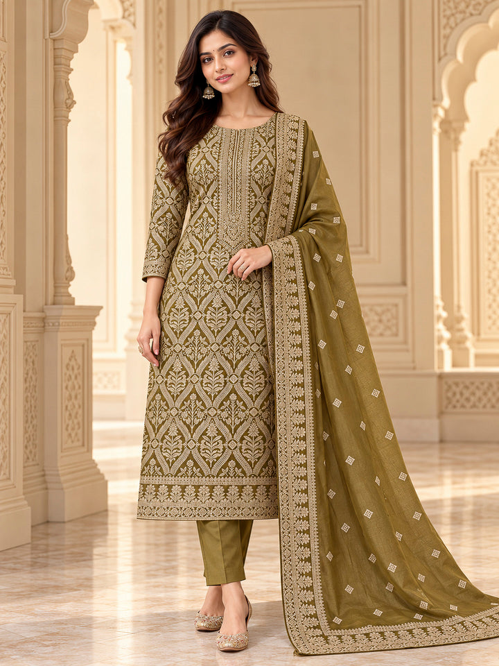 Mehndi Cotton Blend Embroidered Unstitched Dress Material