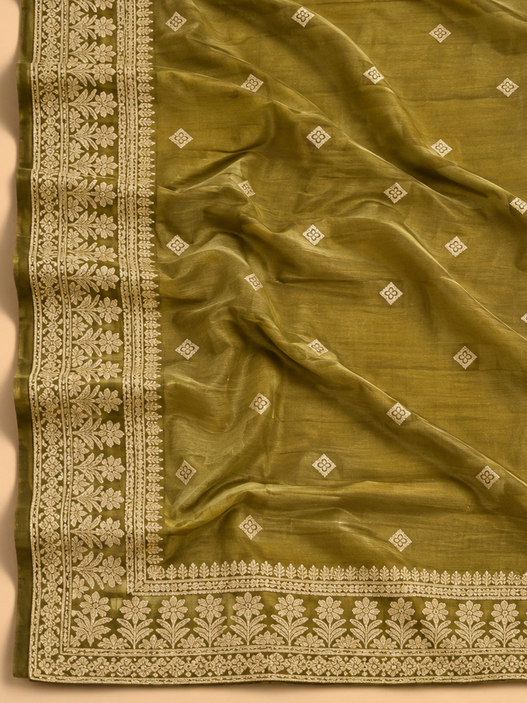Mehndi Cotton Blend Embroidered Unstitched Dress Material
