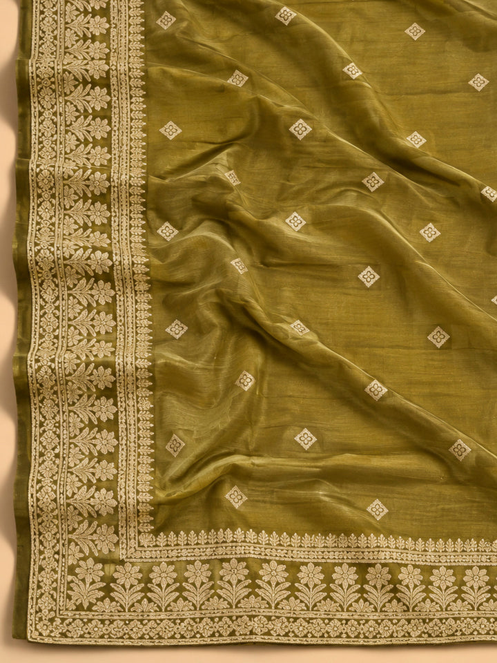 Mehndi Cotton Blend Embroidered Unstitched Dress Material