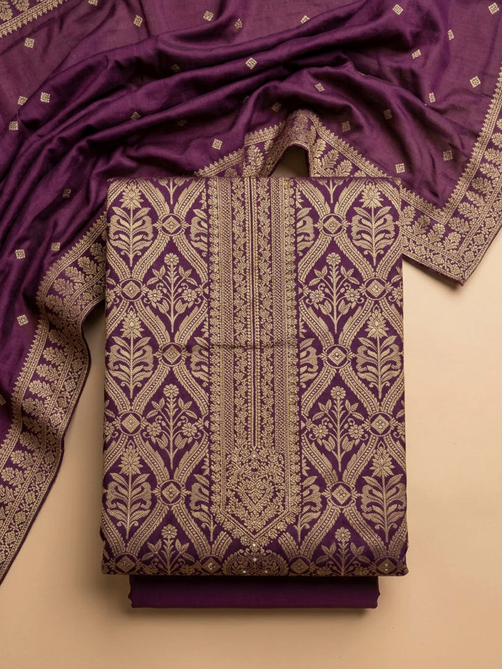 Purple Cotton Blend Embroidered Unstitched Dress Material
