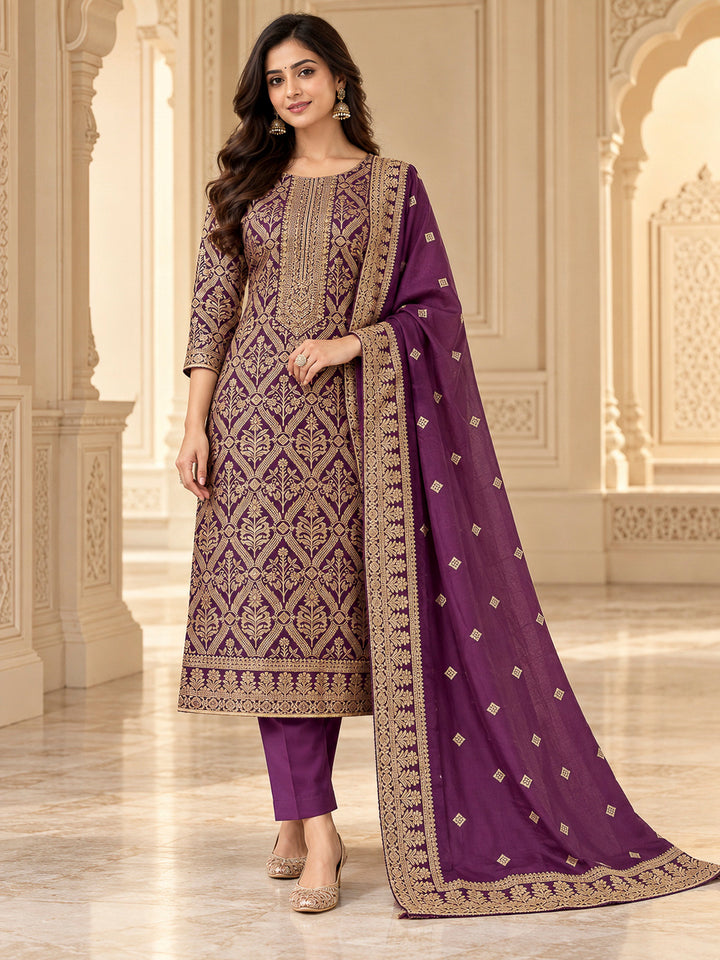 Purple Cotton Blend Embroidered Unstitched Dress Material
