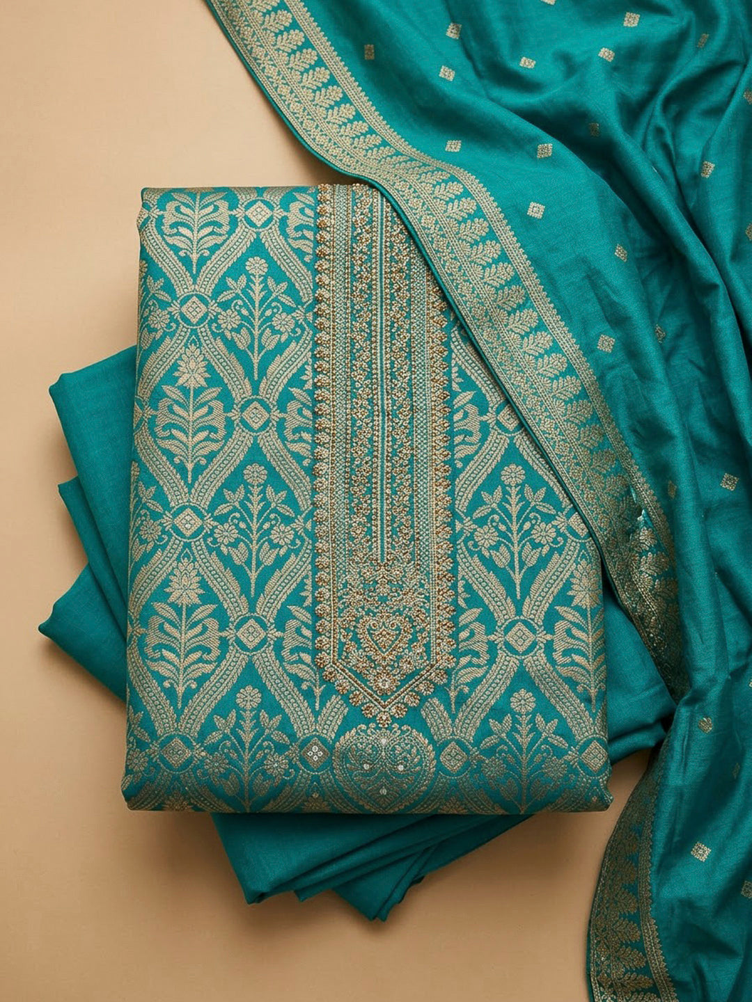 Rama Green Cotton Blend Embroidered Unstitched Dress Material