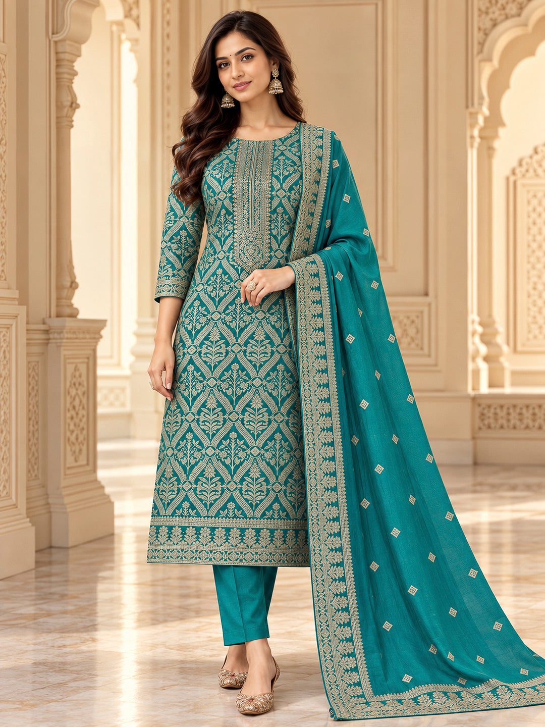 Rama Green Cotton Blend Embroidered Unstitched Dress Material